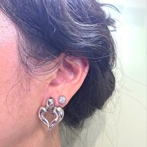 whimsical Silver toned puffy Chunky heart clip on screw back Earrings